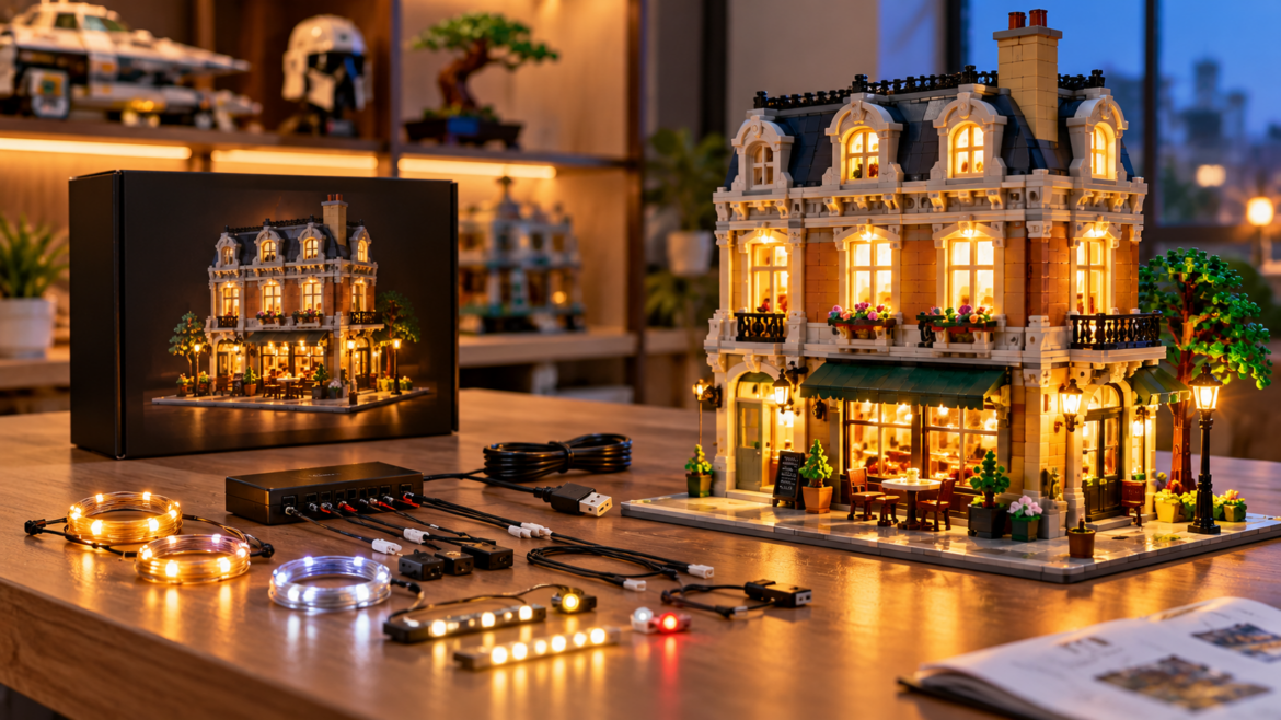Lighting kits for building blocks with LED lights, USB connectors and wiring displayed beside an illuminated building block model.