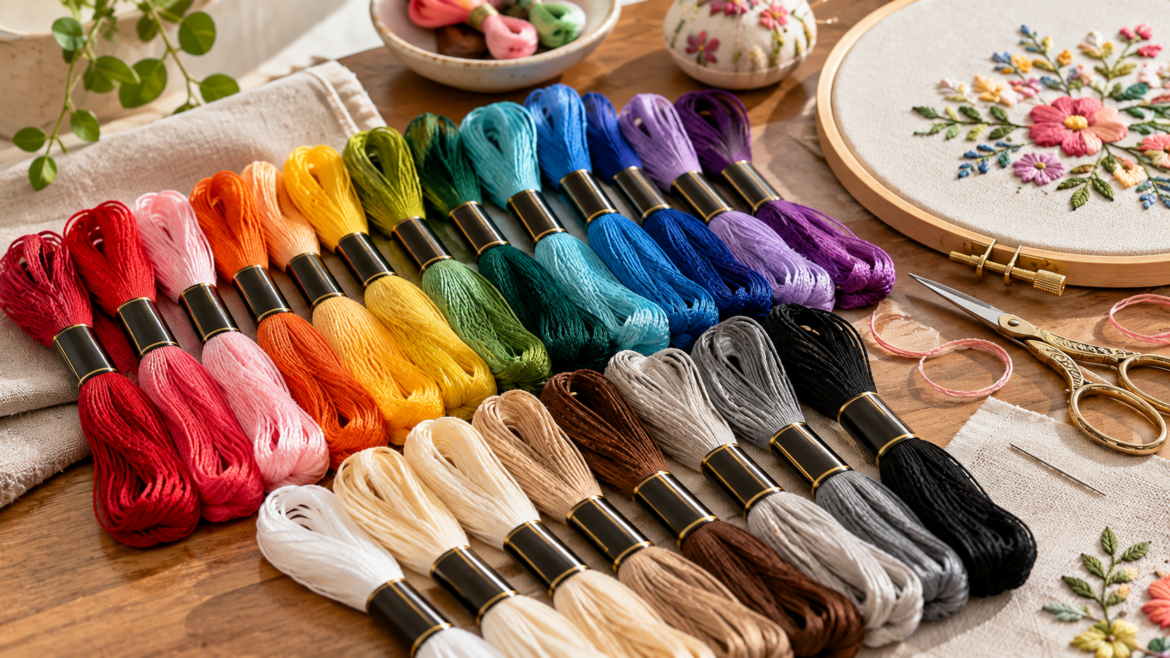 Colorful embroidery thread and floss arranged with an embroidery hoop, floral stitching, scissors and sewing supplies for hand embroidery crafts.